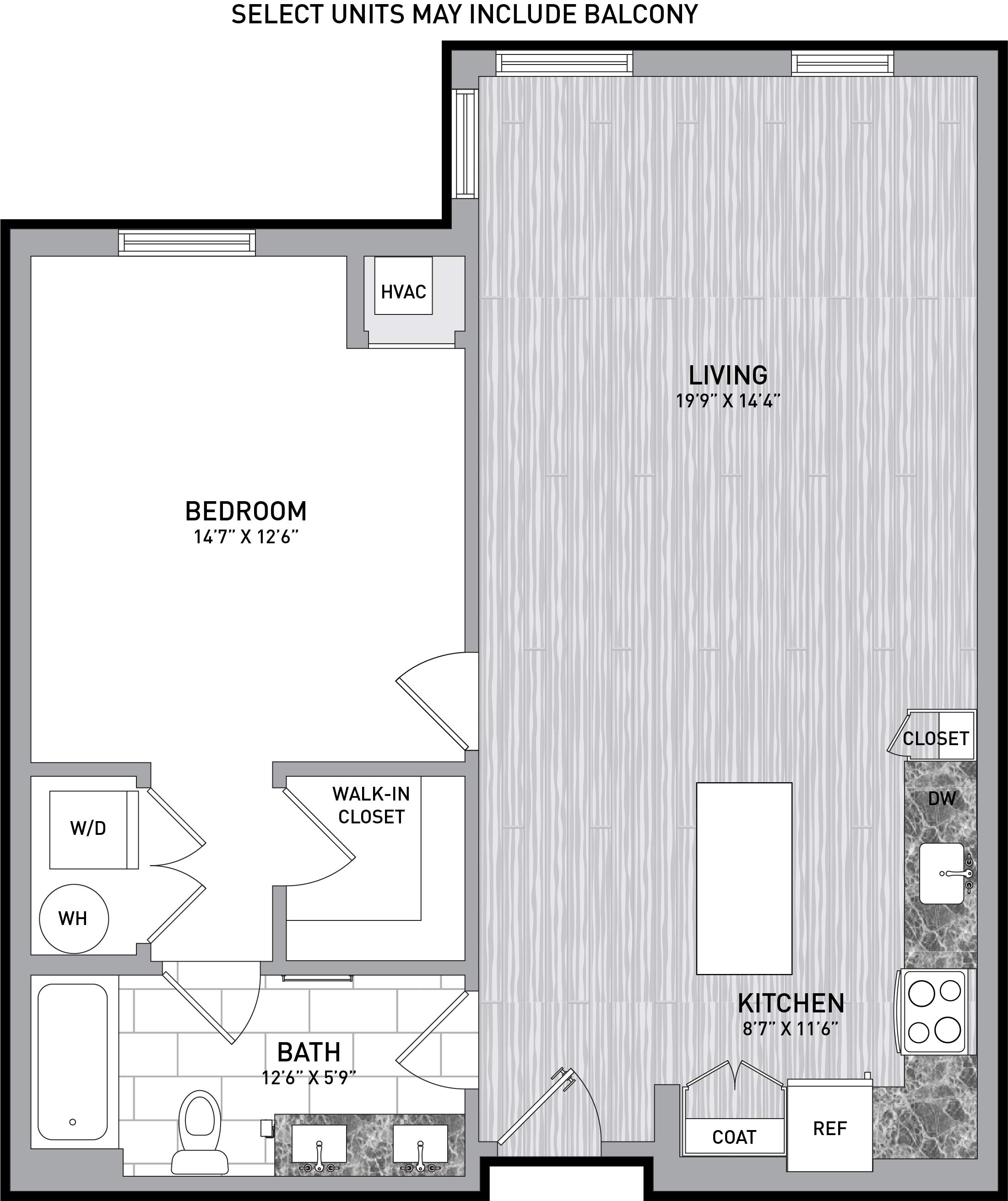 1 Bed 1 Bath-A1 floor plan