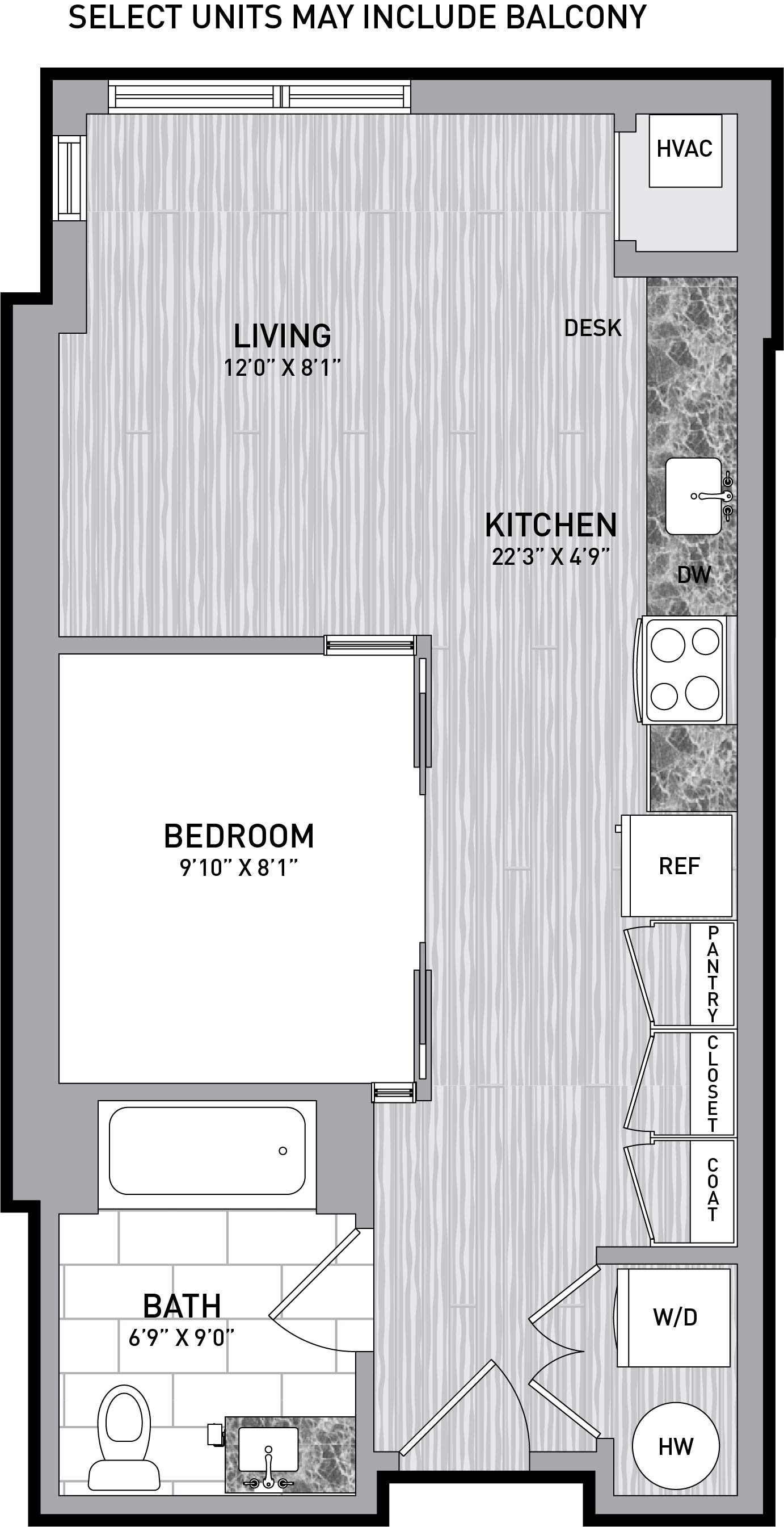 1 Bed 1 Bath JR-C1.3 floor plan