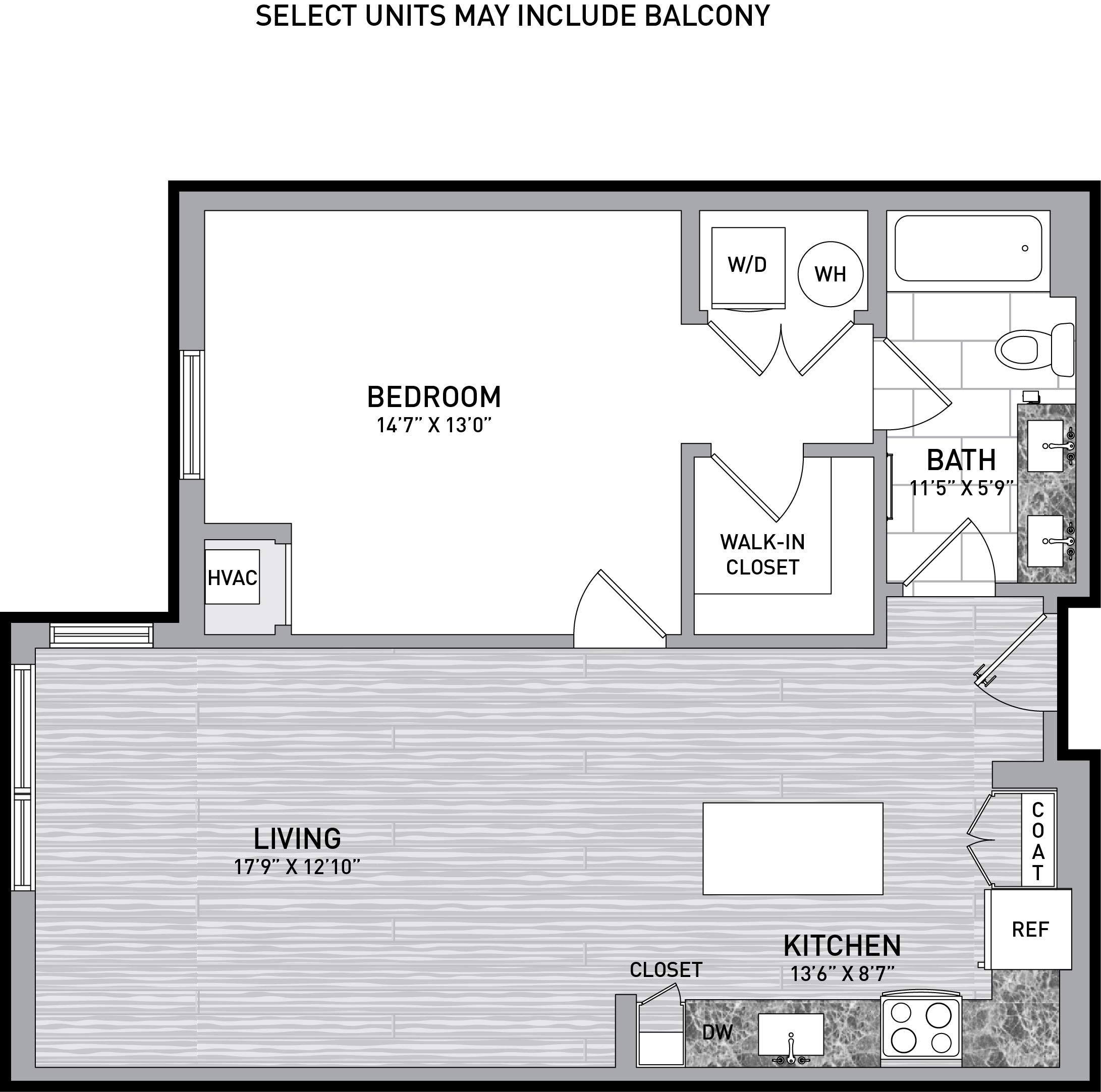 1 Bed 1 Bath-A2 floor plan