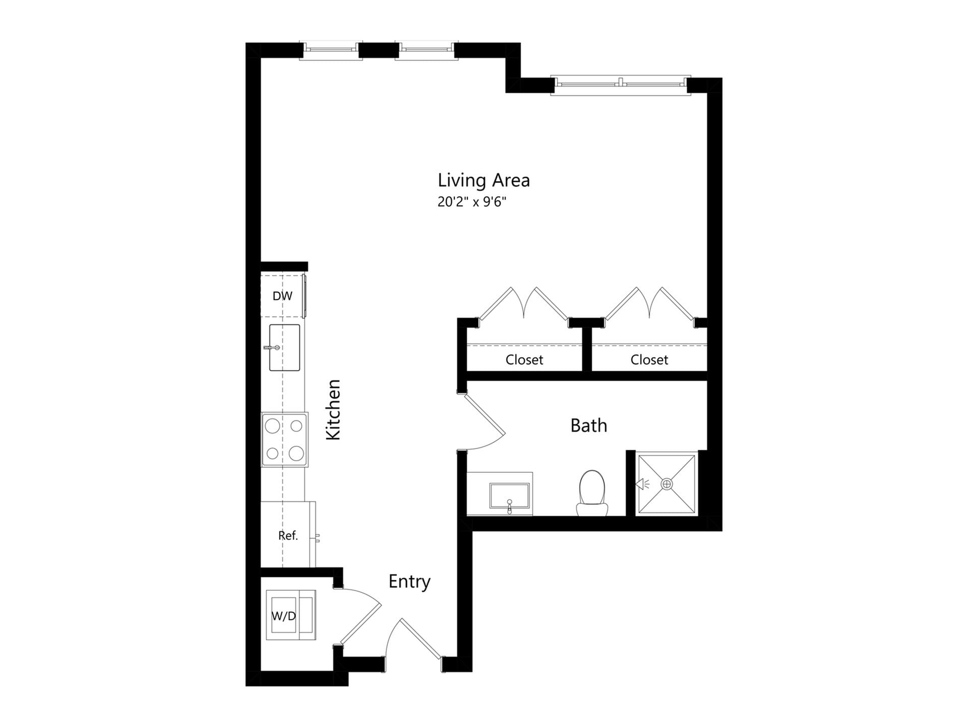 #A-328 - Studio floorplan layout with 1 bathroom and 524 square feet