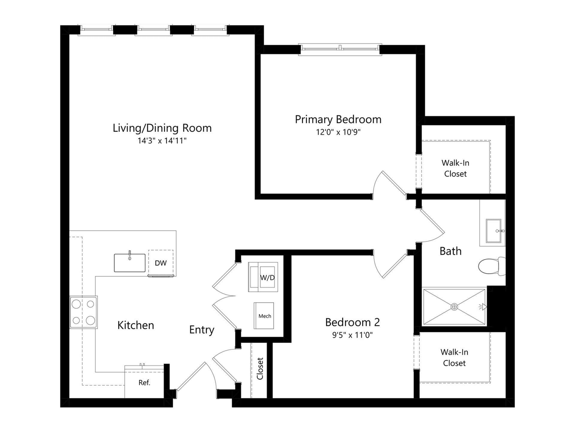 #A-245 - 2 bedroom floorplan layout with 1 bathroom and 916 square feet