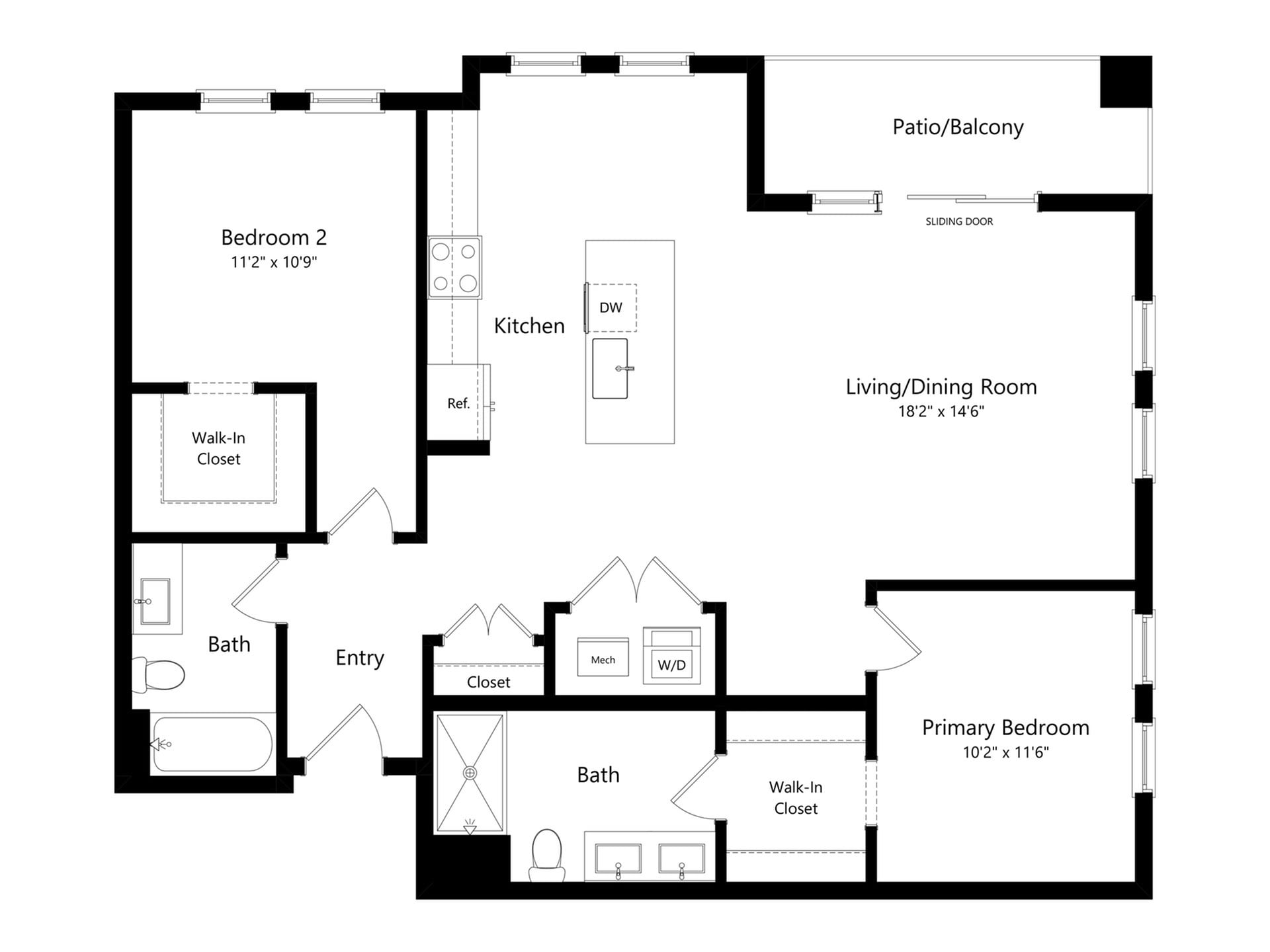 #A-340 - 2 bedroom floorplan layout with 2 bathrooms and 1156 square feet