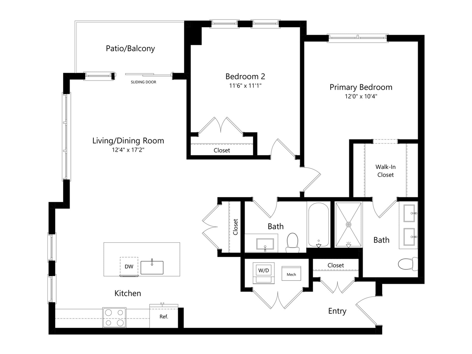 #A-302 - 2 bedroom floorplan layout with 2 bathrooms and 1150 square feet
