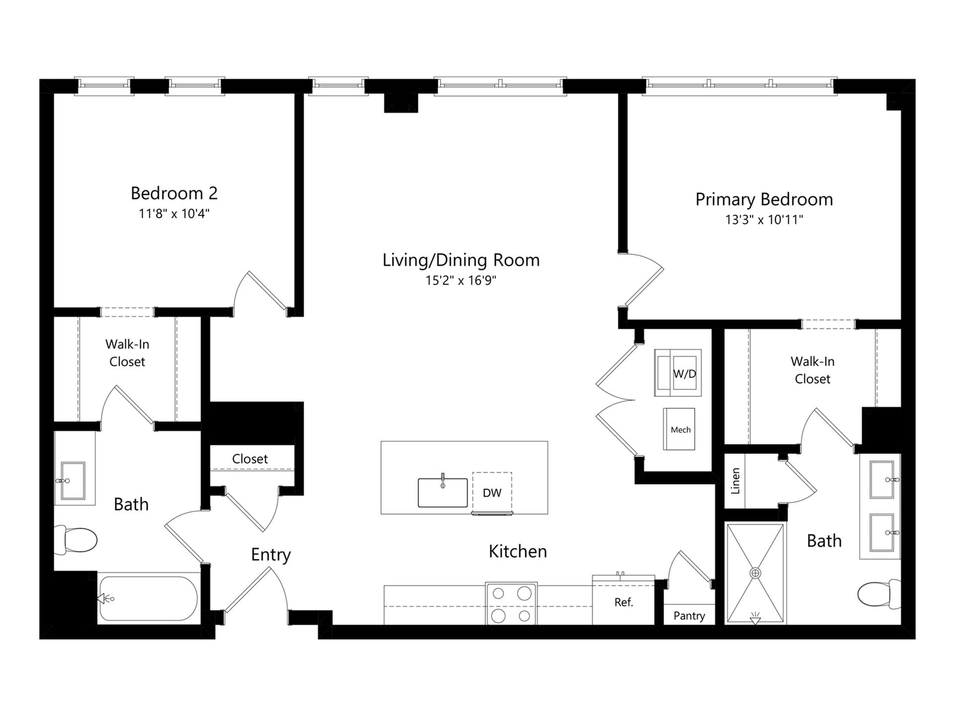 #A-150 - 2 bedroom floorplan layout with 2 bathrooms and 1134 square feet