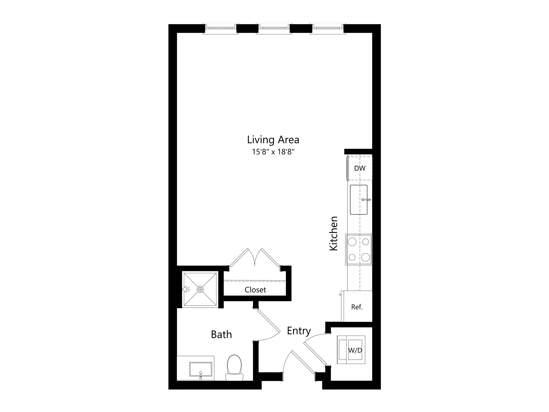 #C-303 - Studio floorplan layout with 1 bathroom and 460 square feet