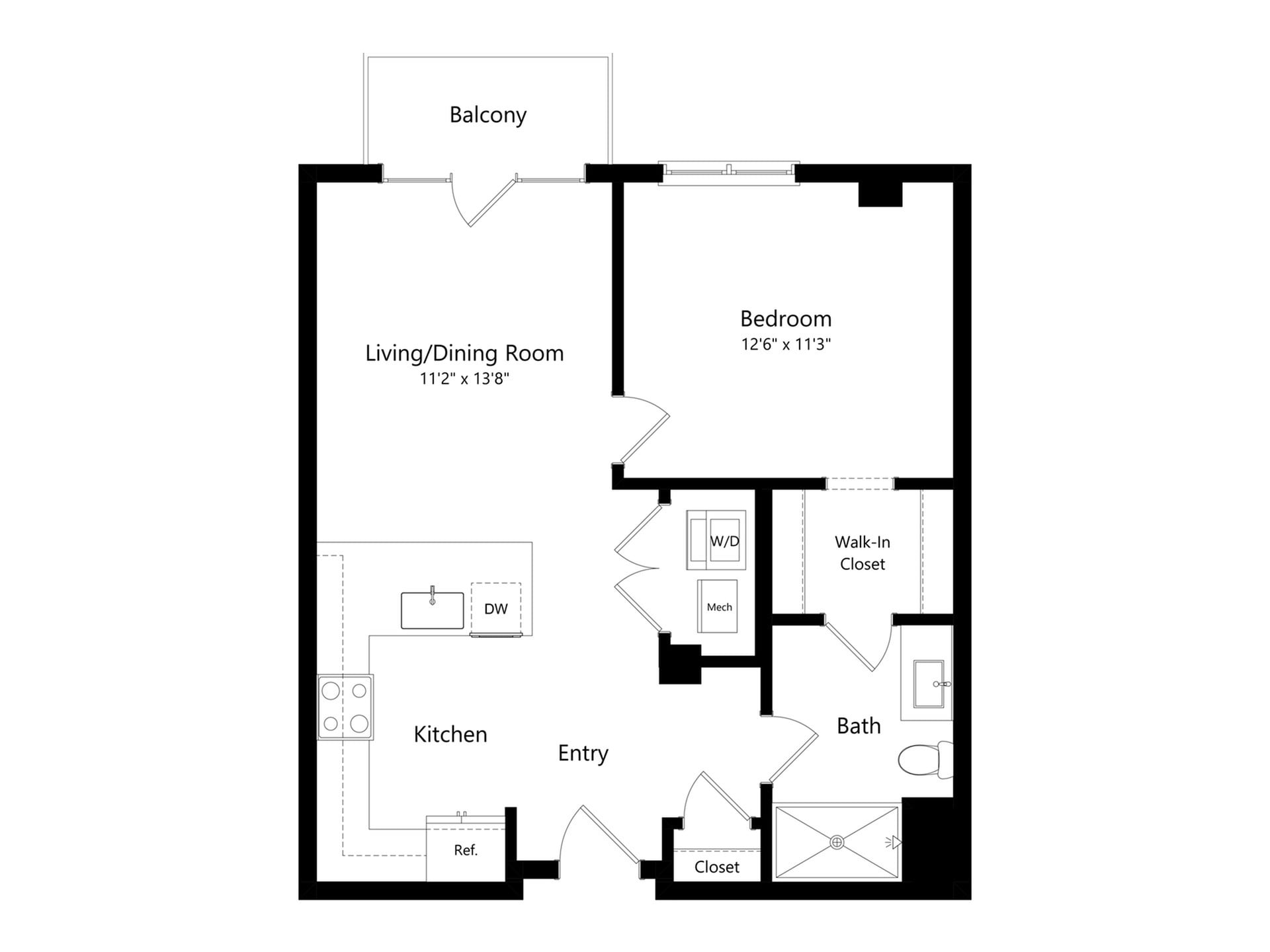#A-160 - 1 bedroom floorplan layout with 1 bathroom and 708 square feet