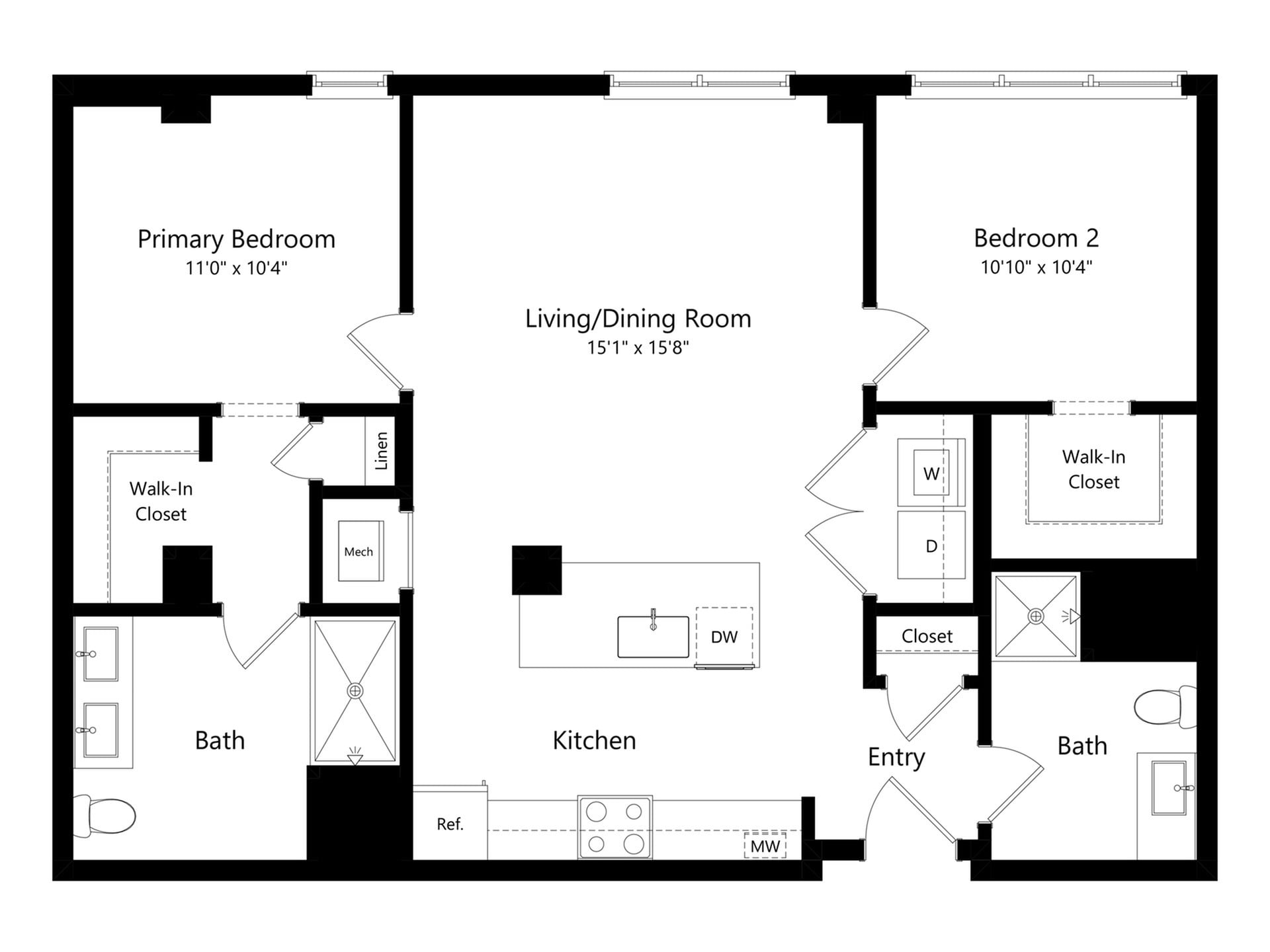 #A-136 - 2 bedroom floorplan layout with 2 bathrooms and 1066 square feet