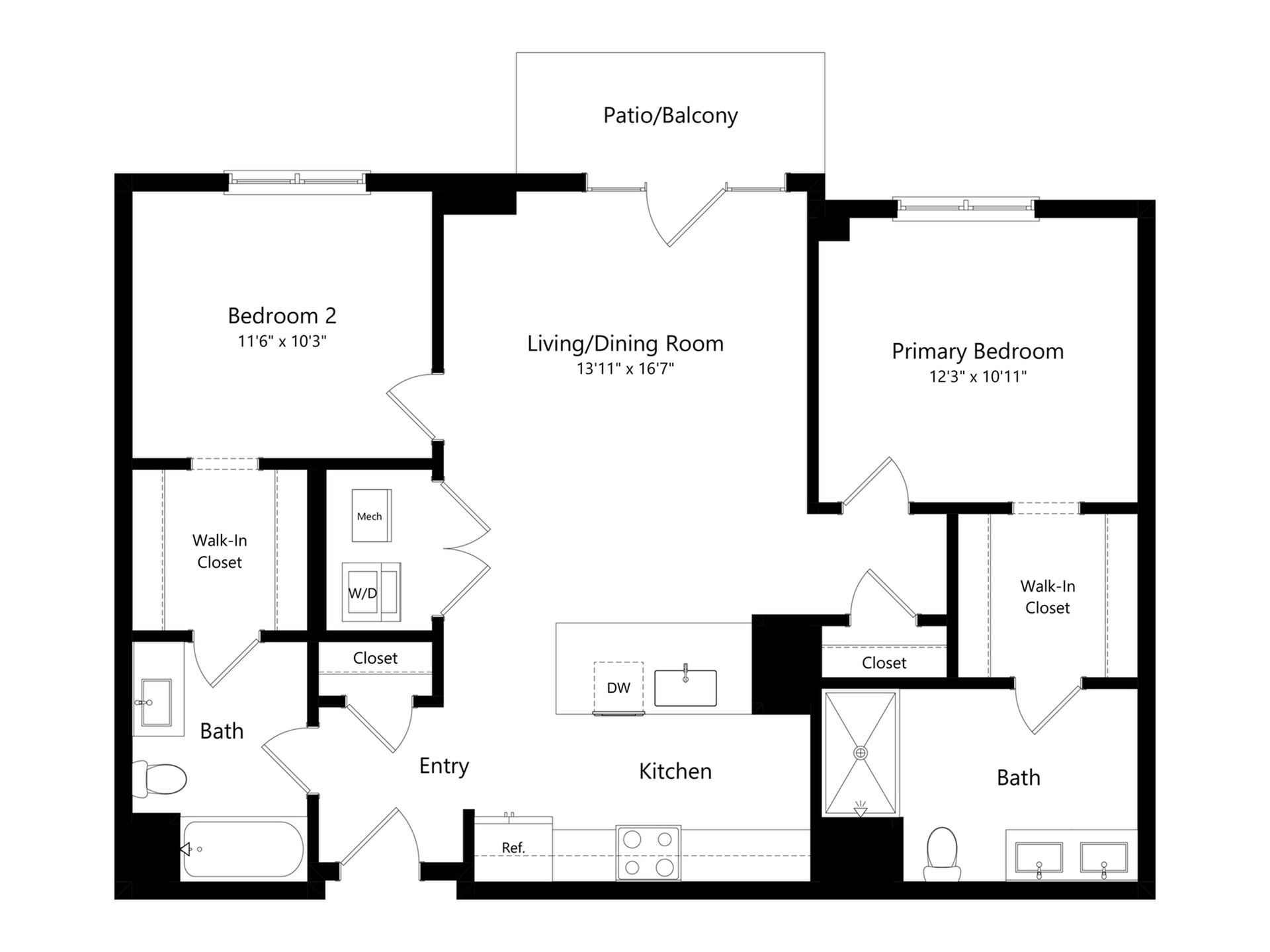 #A-158 - 2 bedroom floorplan layout with 2 bathrooms and 1110 square feet