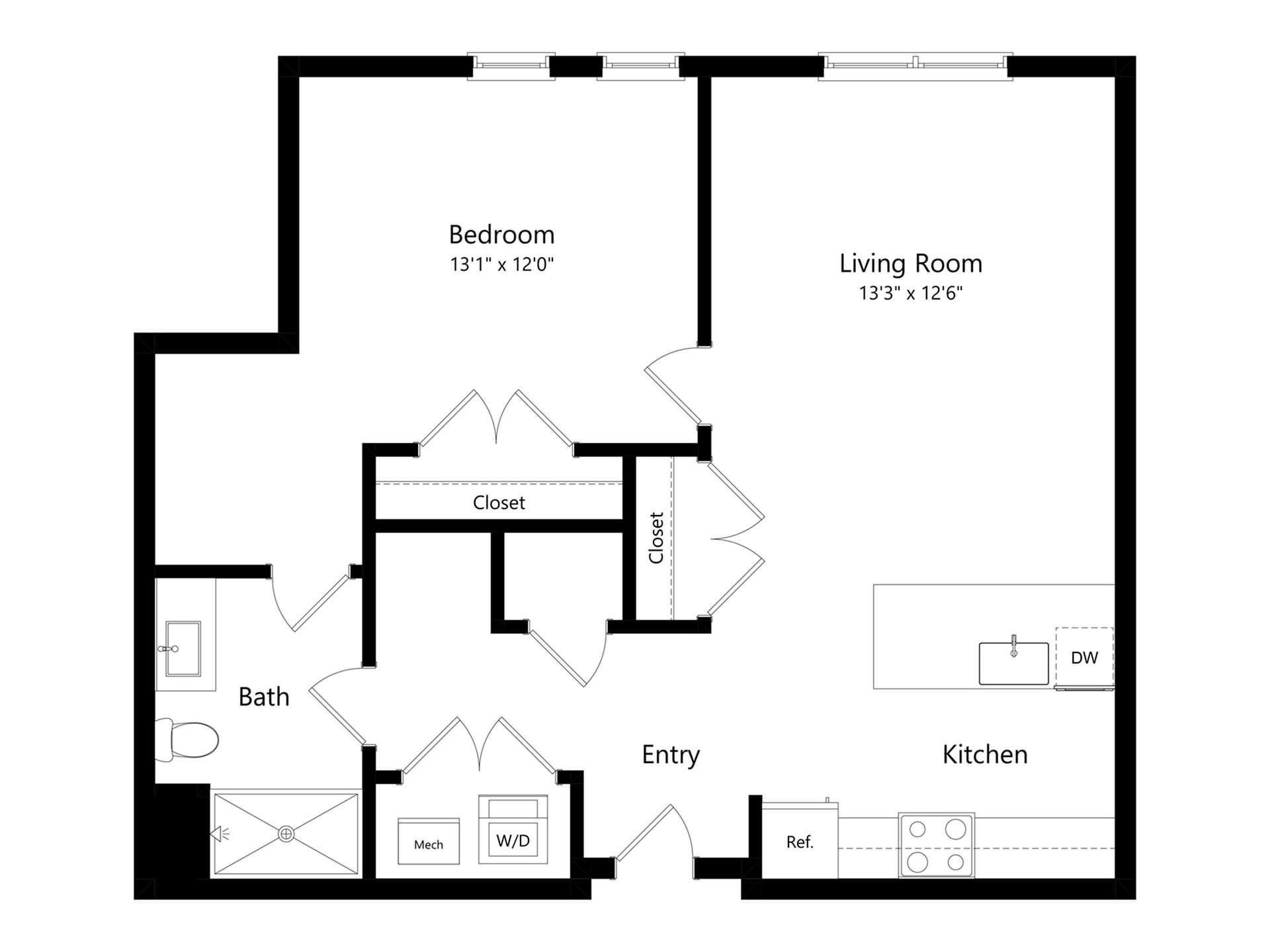 #C-425 - 1 bedroom floorplan layout with 1 bathroom and 846 square feet