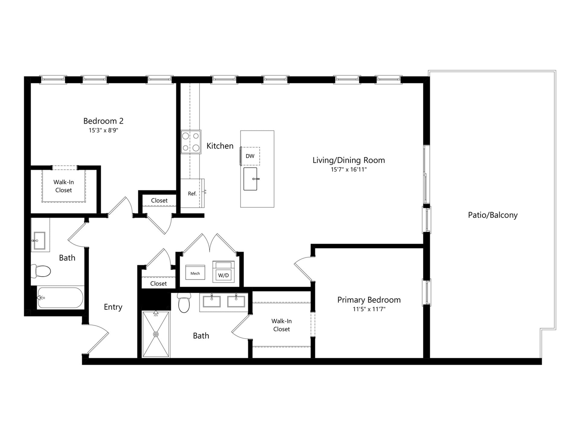 #A-501 - 2 bedroom floorplan layout with 2 bathrooms and 1223 square feet