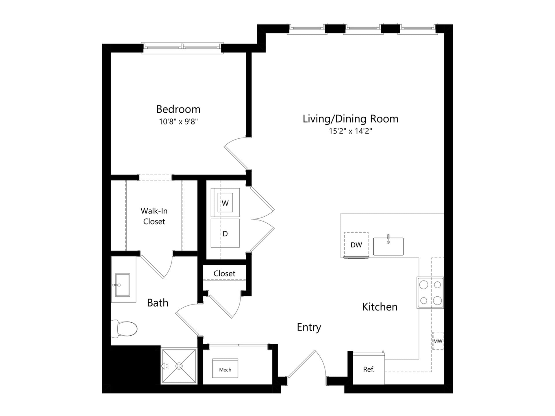 #A-415 - 1 bedroom floorplan layout with 1 bathroom and 763 square feet