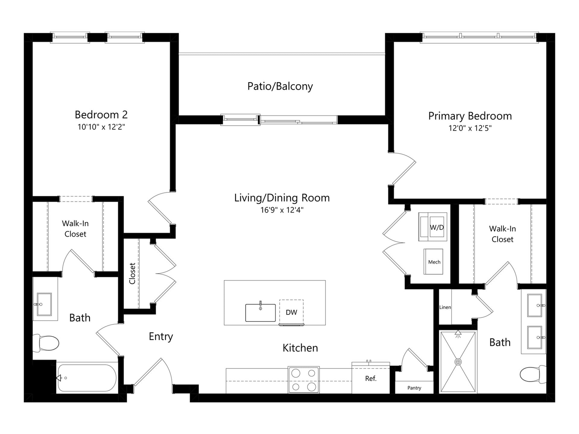#A-246 - 2 bedroom floorplan layout with 2 bathrooms and 1105 square feet