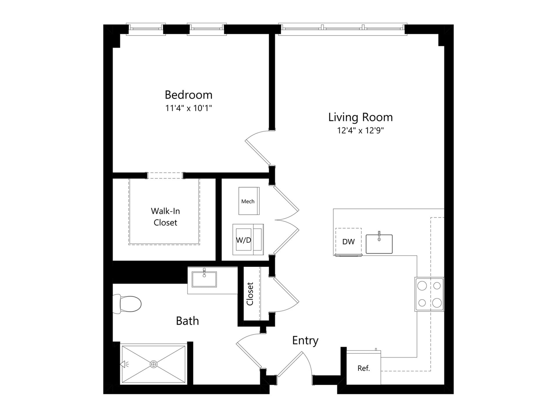 #C-134 - 1 bedroom floorplan layout with 1 bathroom and 671 square feet
