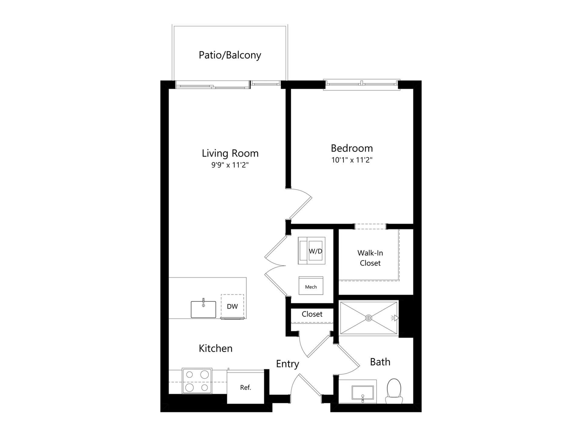 #A-433 - 1 bedroom floorplan layout with 1 bathroom and 585 square feet