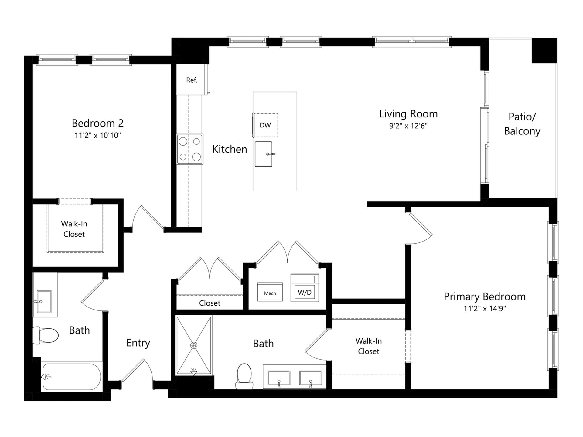 #C-202 - 2 bedroom floorplan layout with 2 bathrooms and 1100 square feet