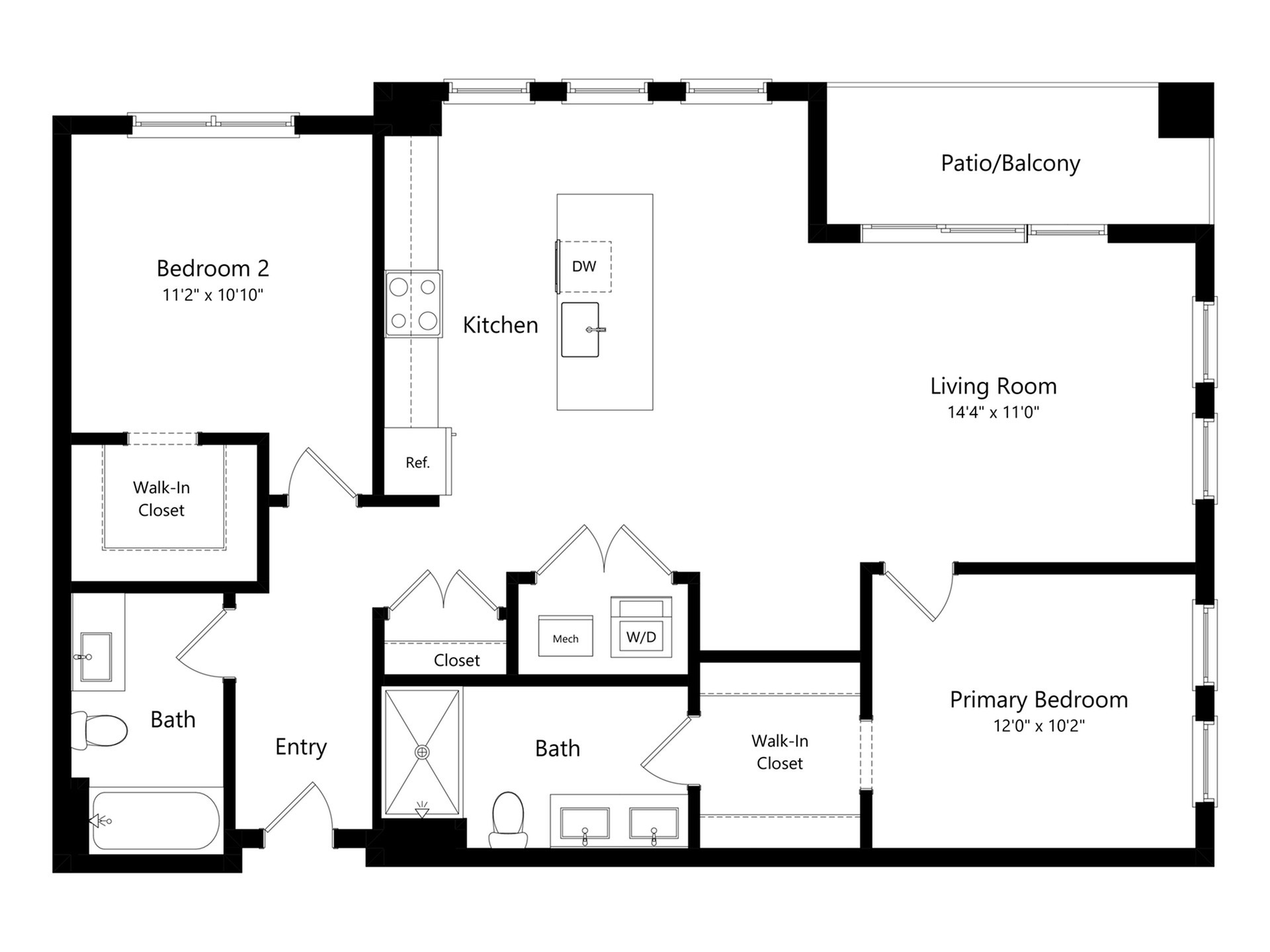 #C-530 - 2 bedroom floorplan layout with 2 bathrooms and 1112 square feet