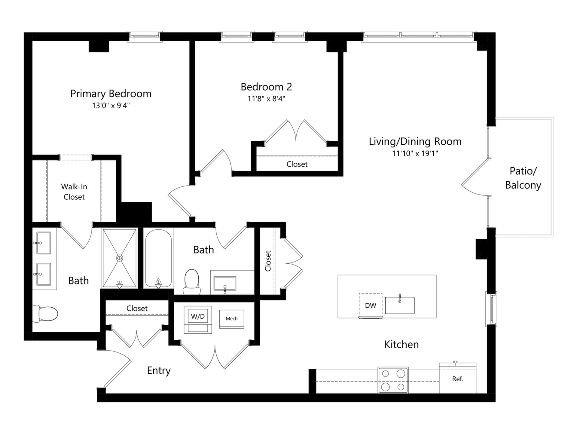 #A-101 - 2 bedroom floorplan layout with 2 bathrooms and 1125 square feet