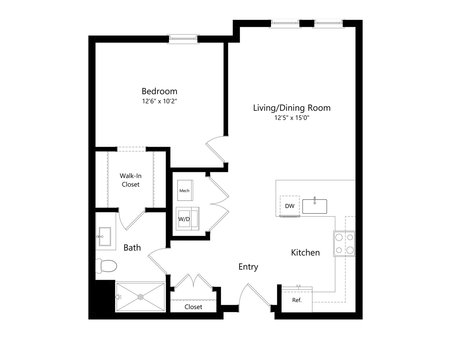 #A-435 - 1 bedroom floorplan layout with 1 bathroom and 738 square feet