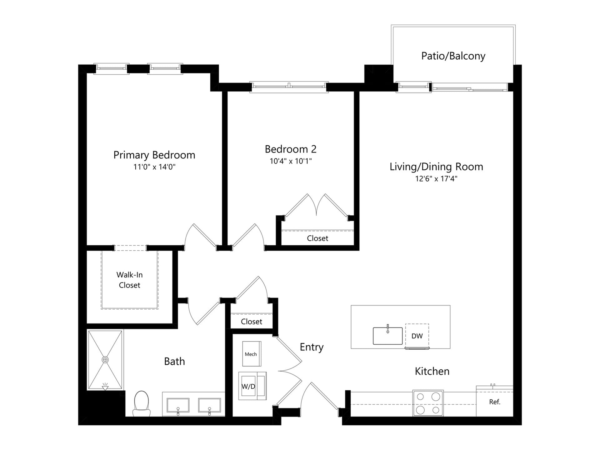 #A-249 - 2 bedroom floorplan layout with 1 bathroom and 996 square feet