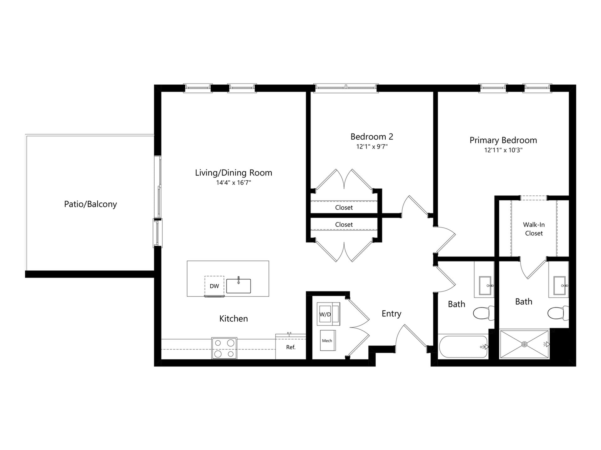 #A-555 - 2 bedroom floorplan layout with 2 bathrooms and 1128 square feet