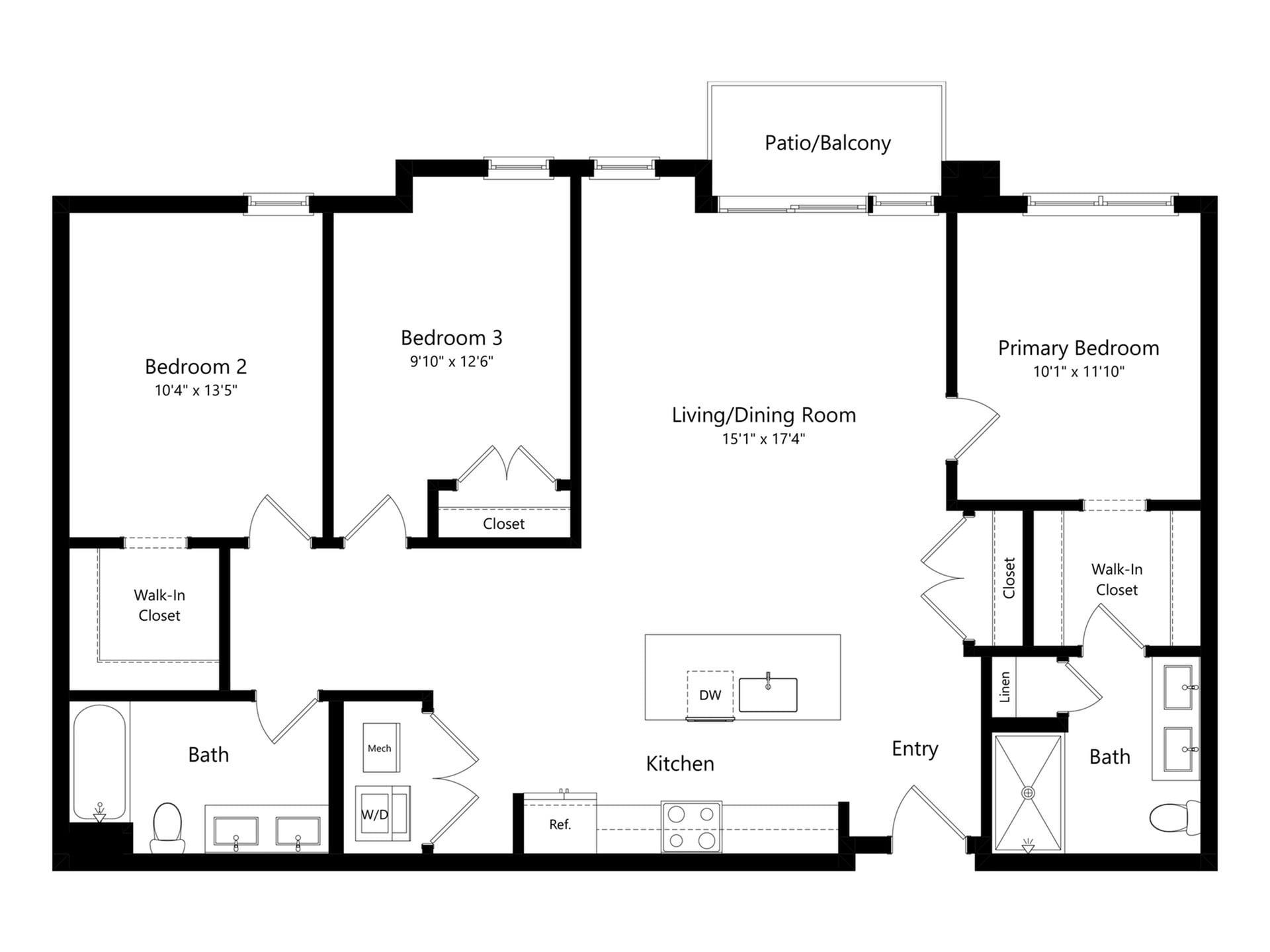 #A-533 - 3 bedroom floorplan layout with 2 bathrooms and 1317 square feet