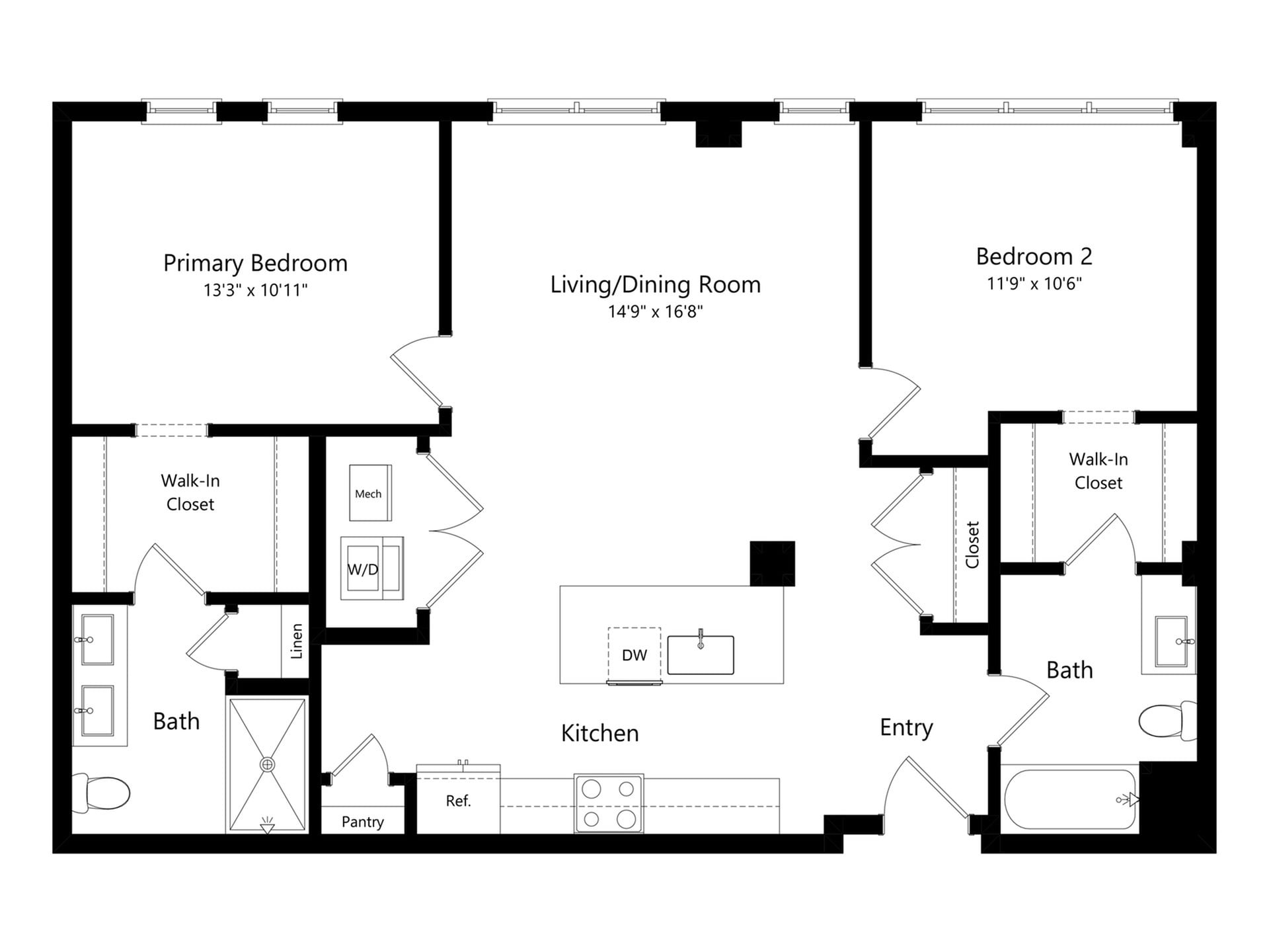 #A-146 - 2 bedroom floorplan layout with 2 bathrooms and 1134 square feet