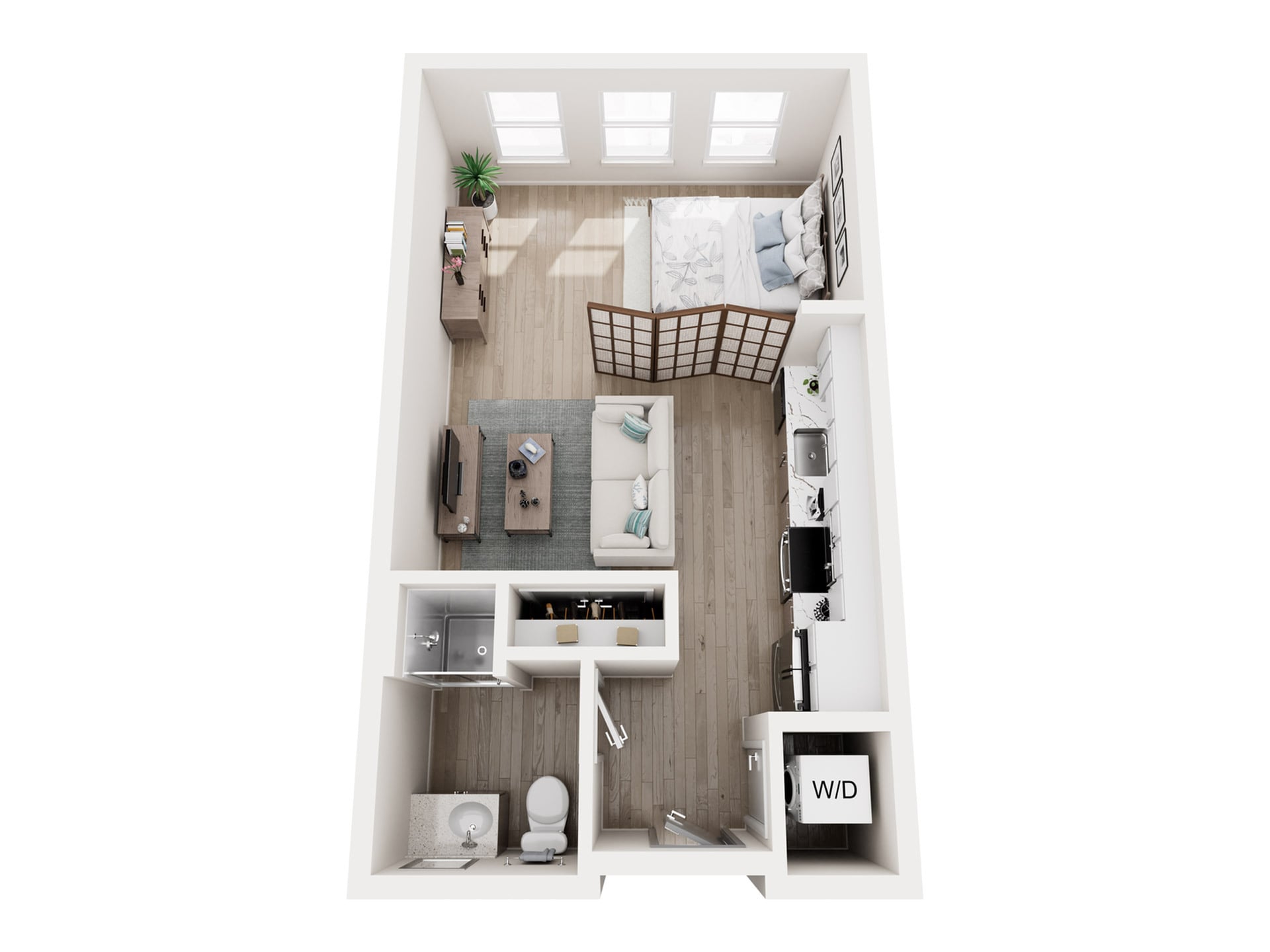 #C-303 - Studio floorplan layout with 1 bathroom and 460 square feet
