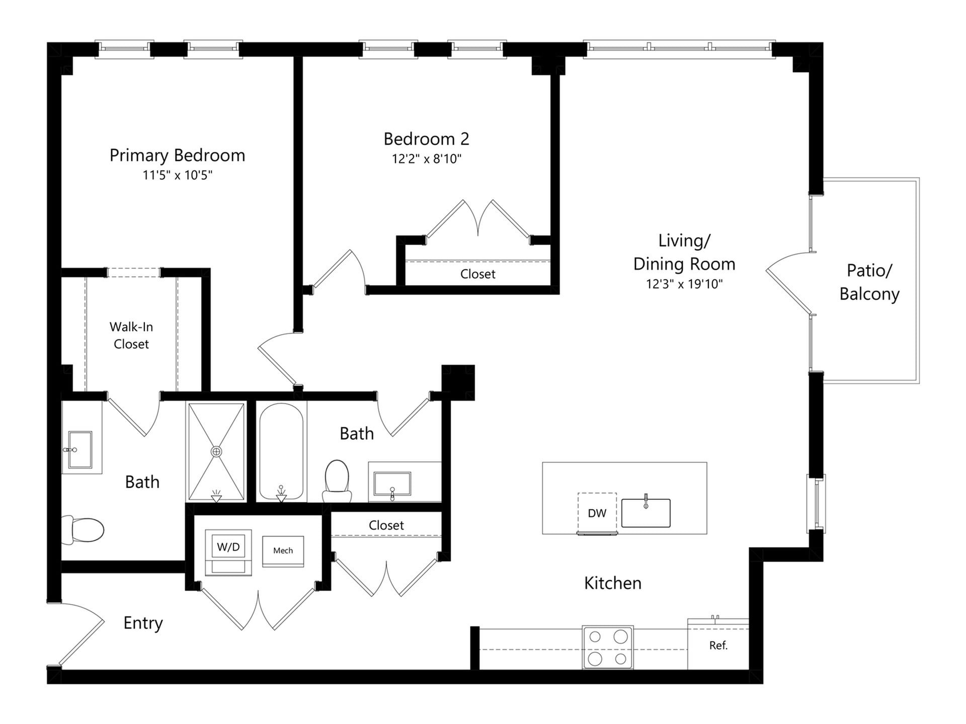 #A-156 - 2 bedroom floorplan layout with 2 bathrooms and 1163 square feet