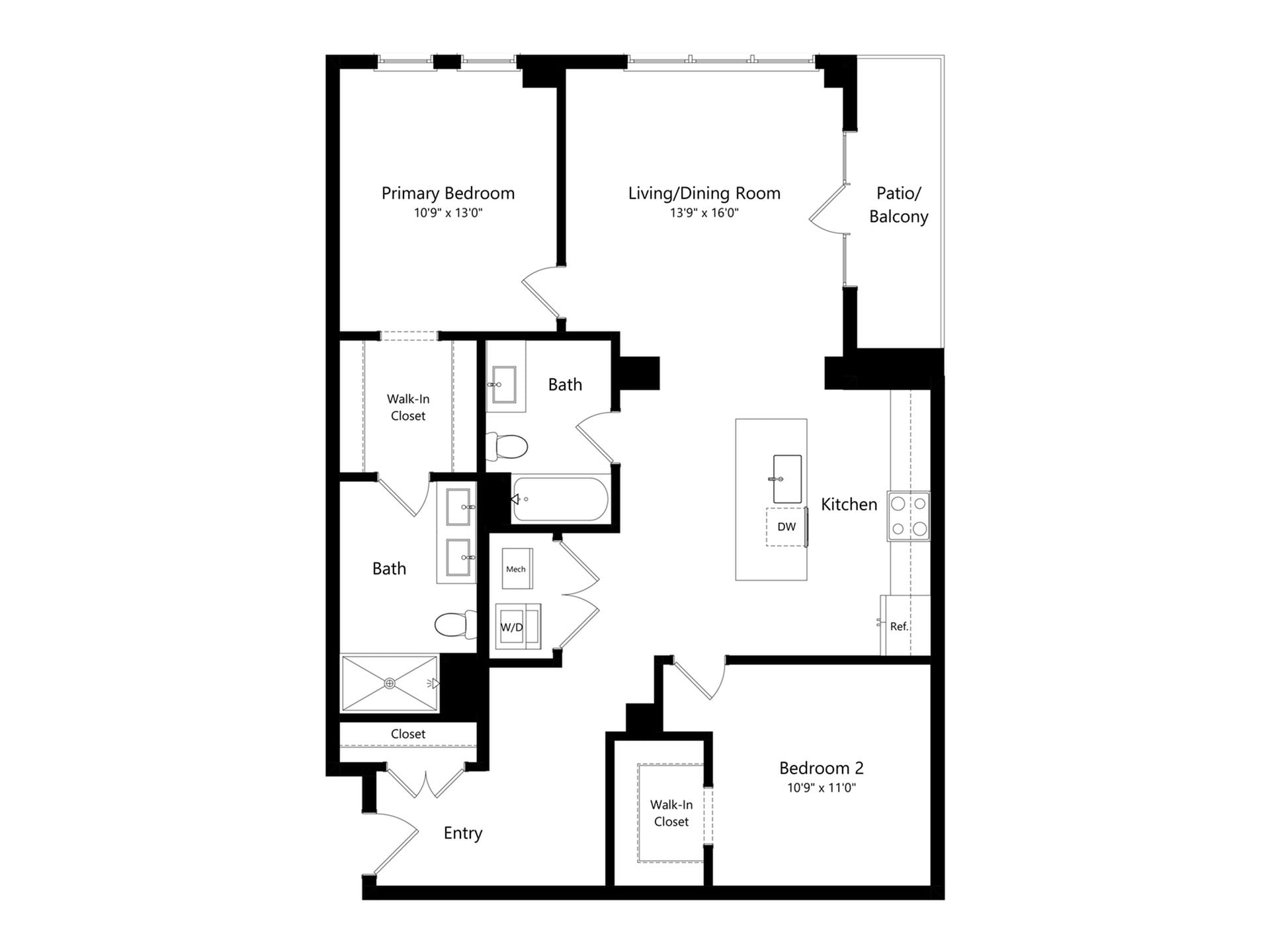 #A-155 - 2 bedroom floorplan layout with 2 bathrooms and 1208 square feet