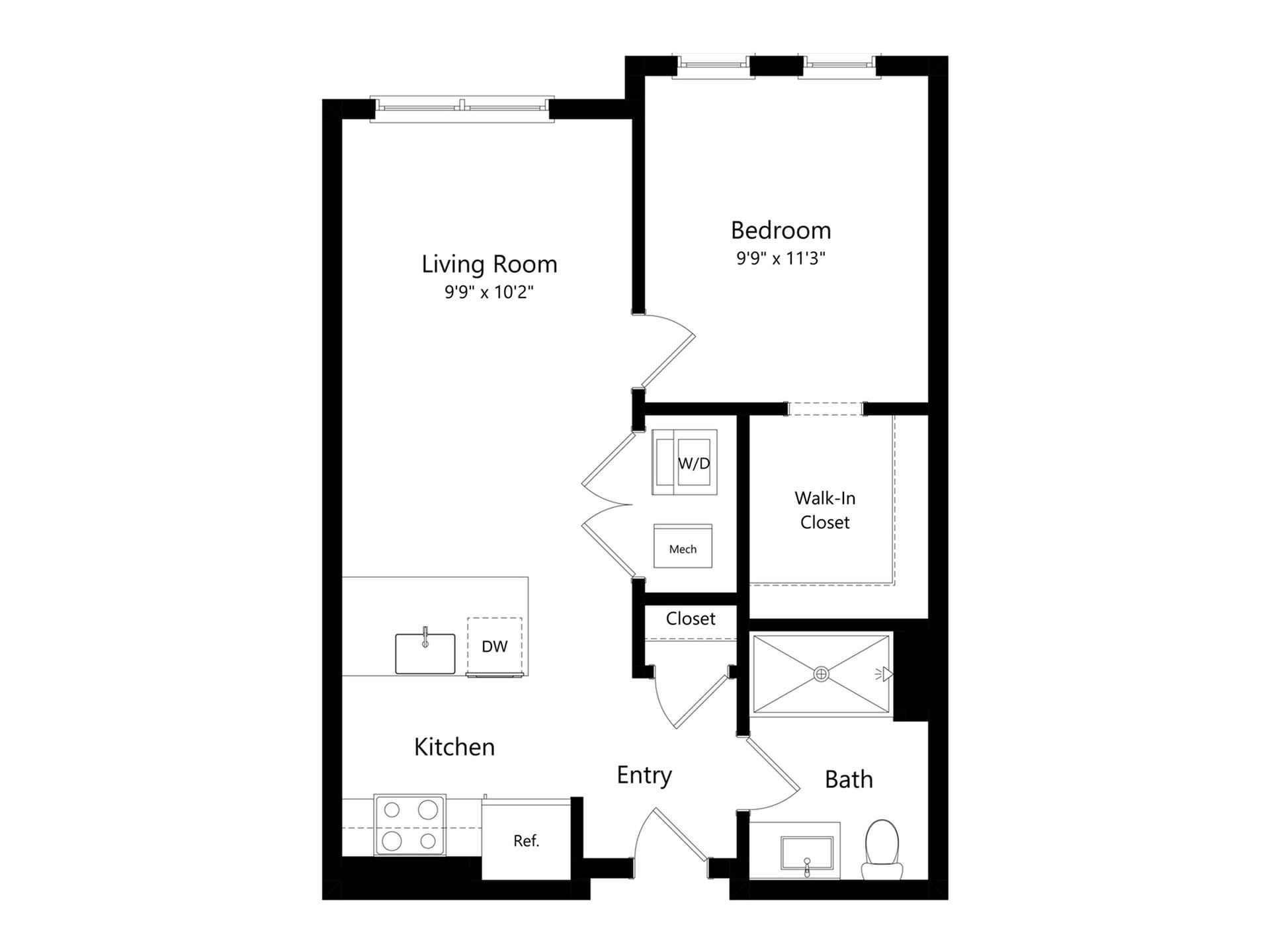 #A-338 - 1 bedroom floorplan layout with 1 bathroom and 587 square feet