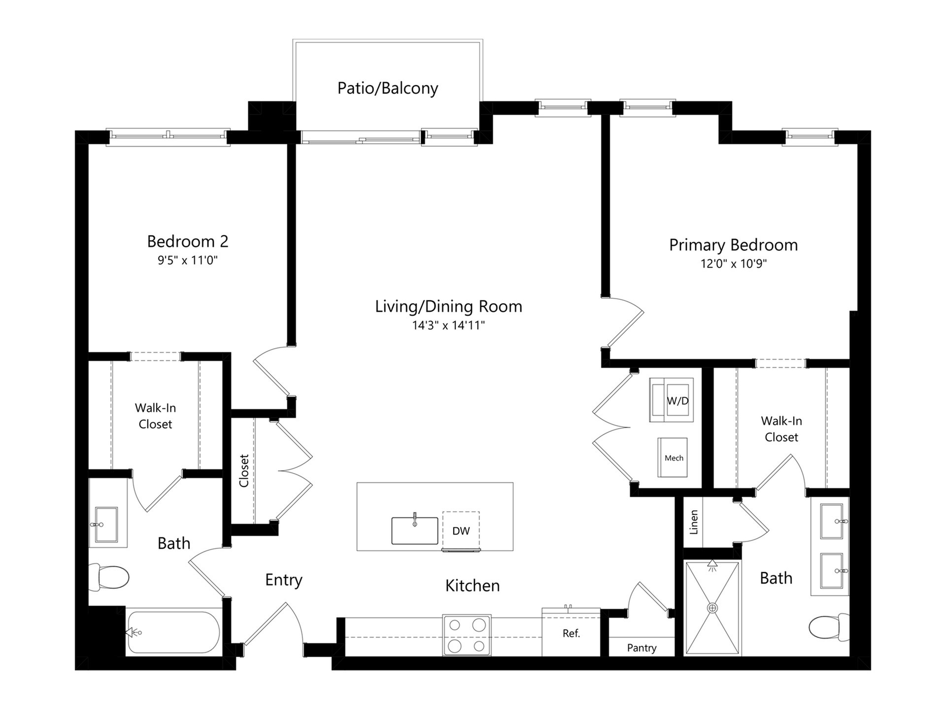 #A-327 - 2 bedroom floorplan layout with 2 bathrooms and 1113 square feet