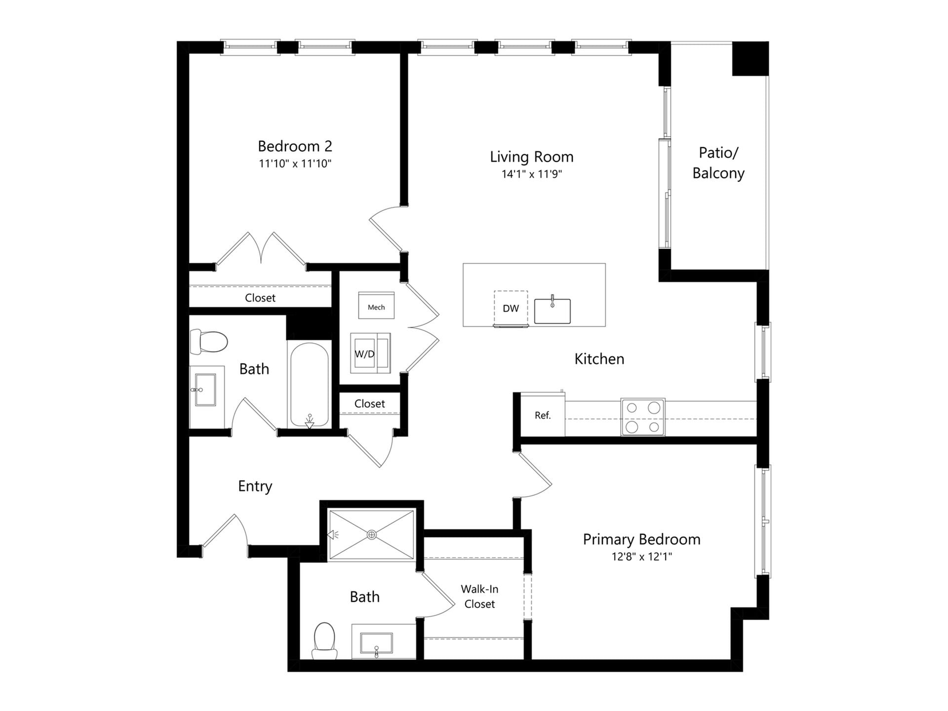 #C-501 - 2 bedroom floorplan layout with 2 bathrooms and 1049 square feet