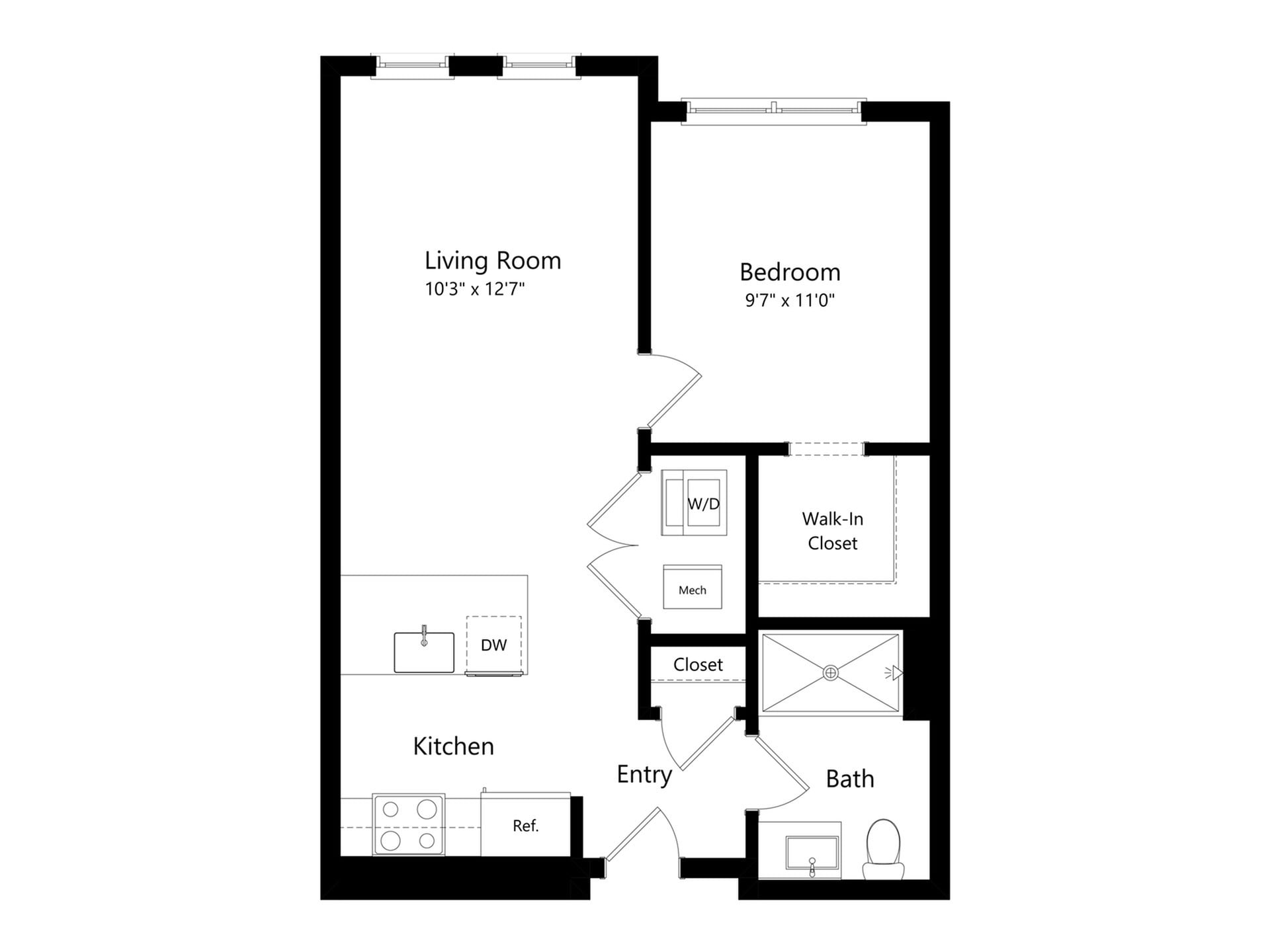 #C-420 - 1 bedroom floorplan layout with 1 bathroom and 595 square feet