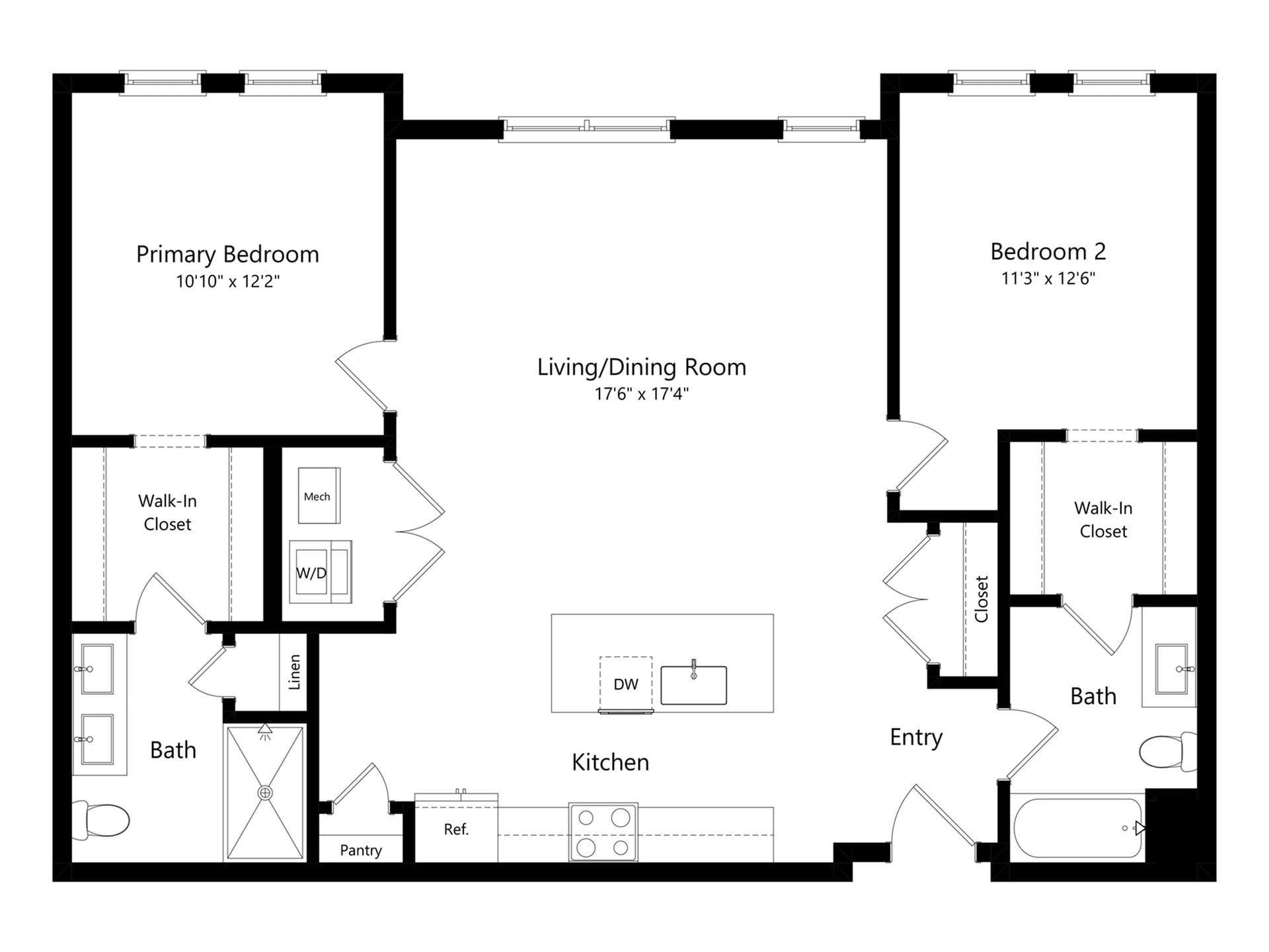 #A-447 - 2 bedroom floorplan layout with 2 bathrooms and 1178 square feet
