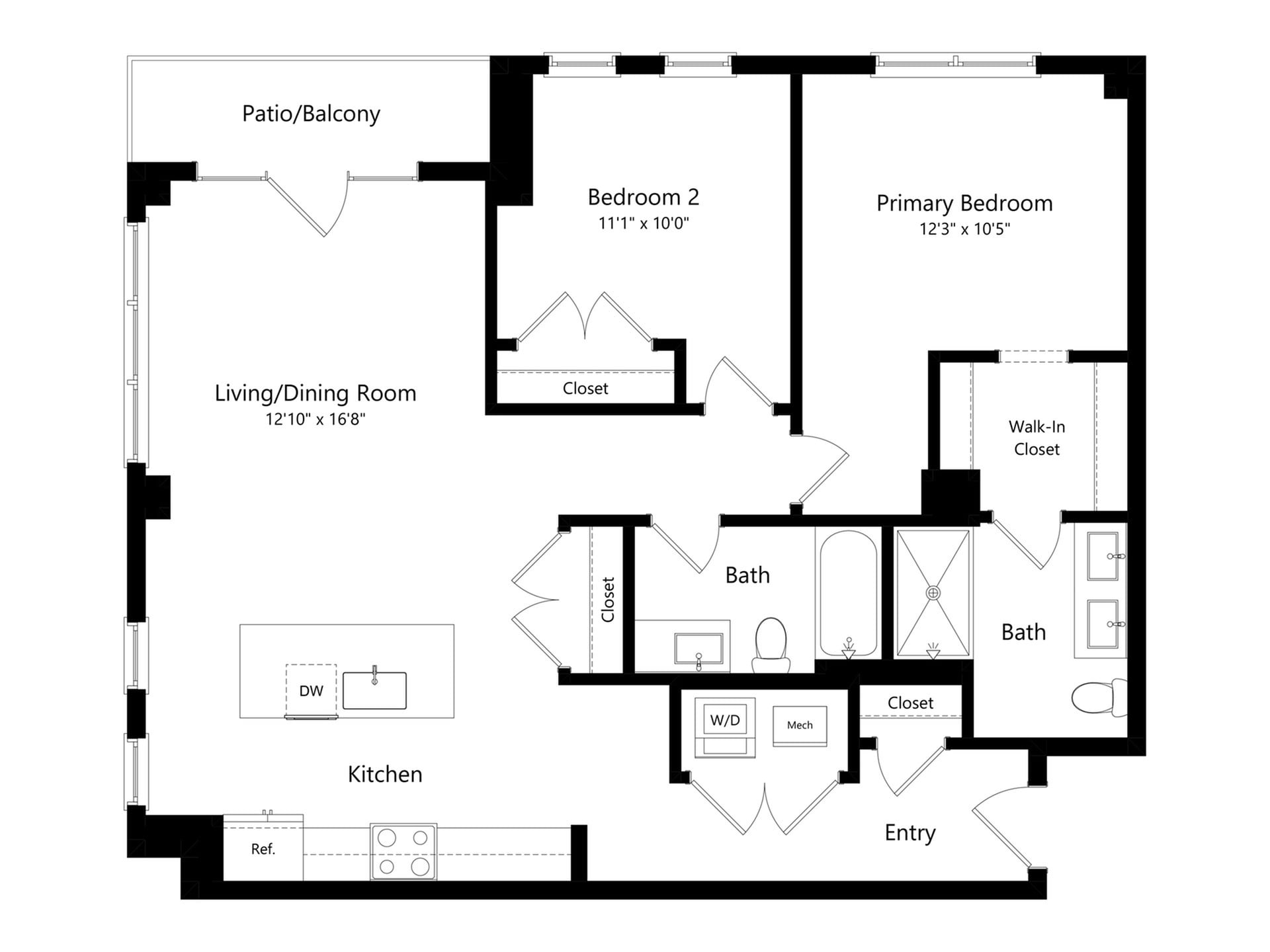 #A-102 - 2 bedroom floorplan layout with 2 bathrooms and 1144 square feet