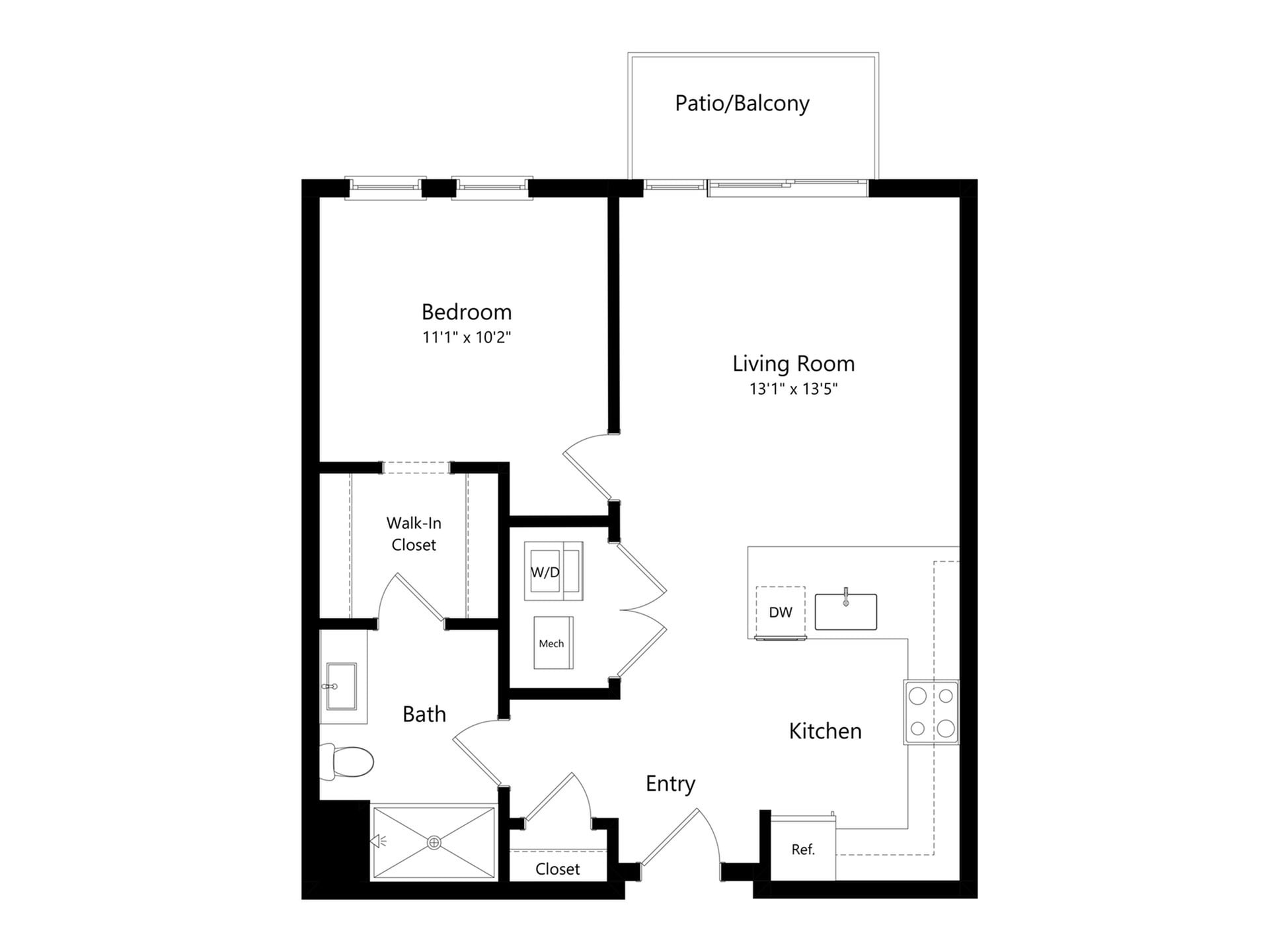 #C-118 - 1 bedroom floorplan layout with 1 bathroom and 662 square feet