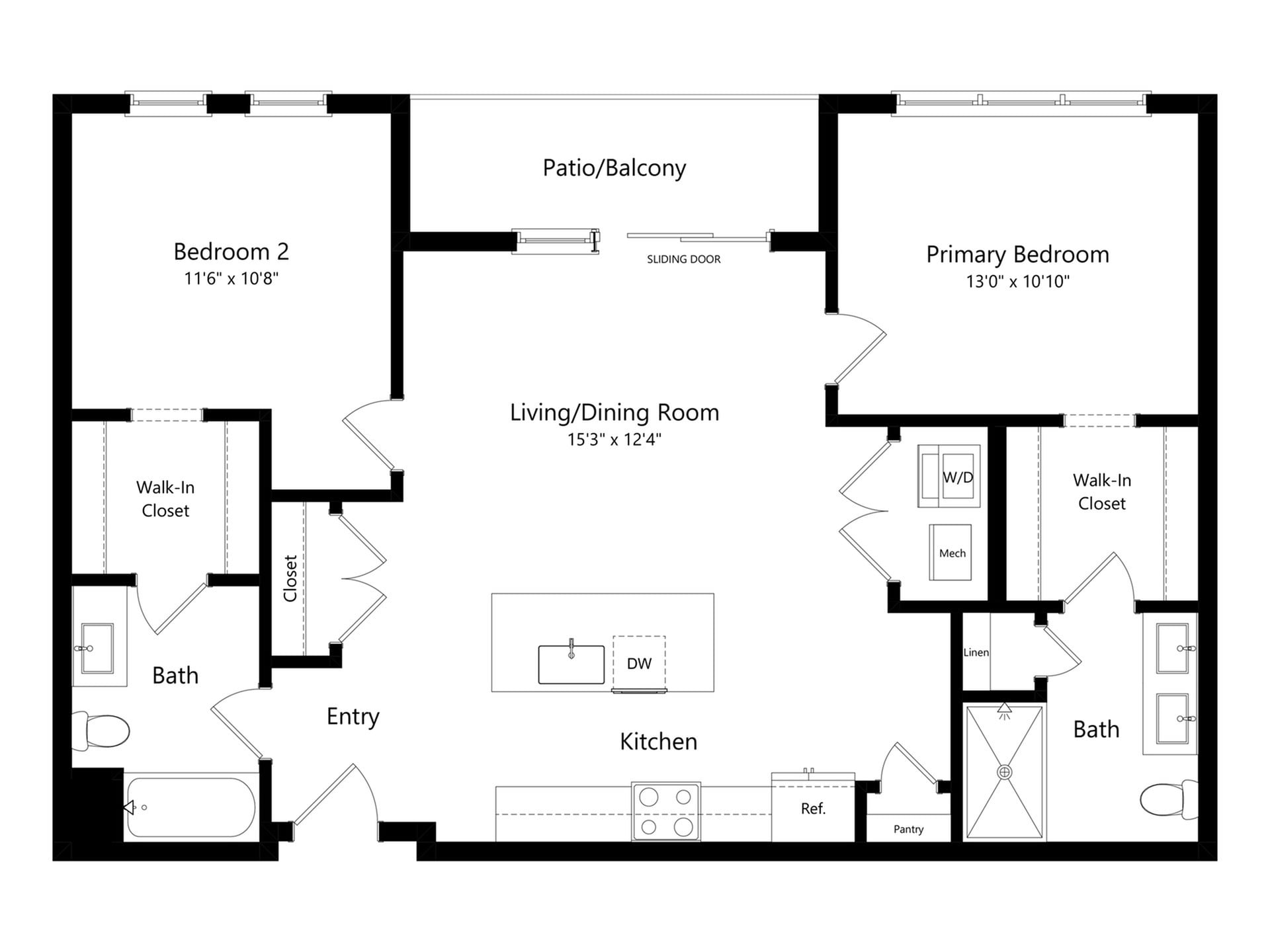 #A-505 - 2 bedroom floorplan layout with 2 bathrooms and 1060 square feet