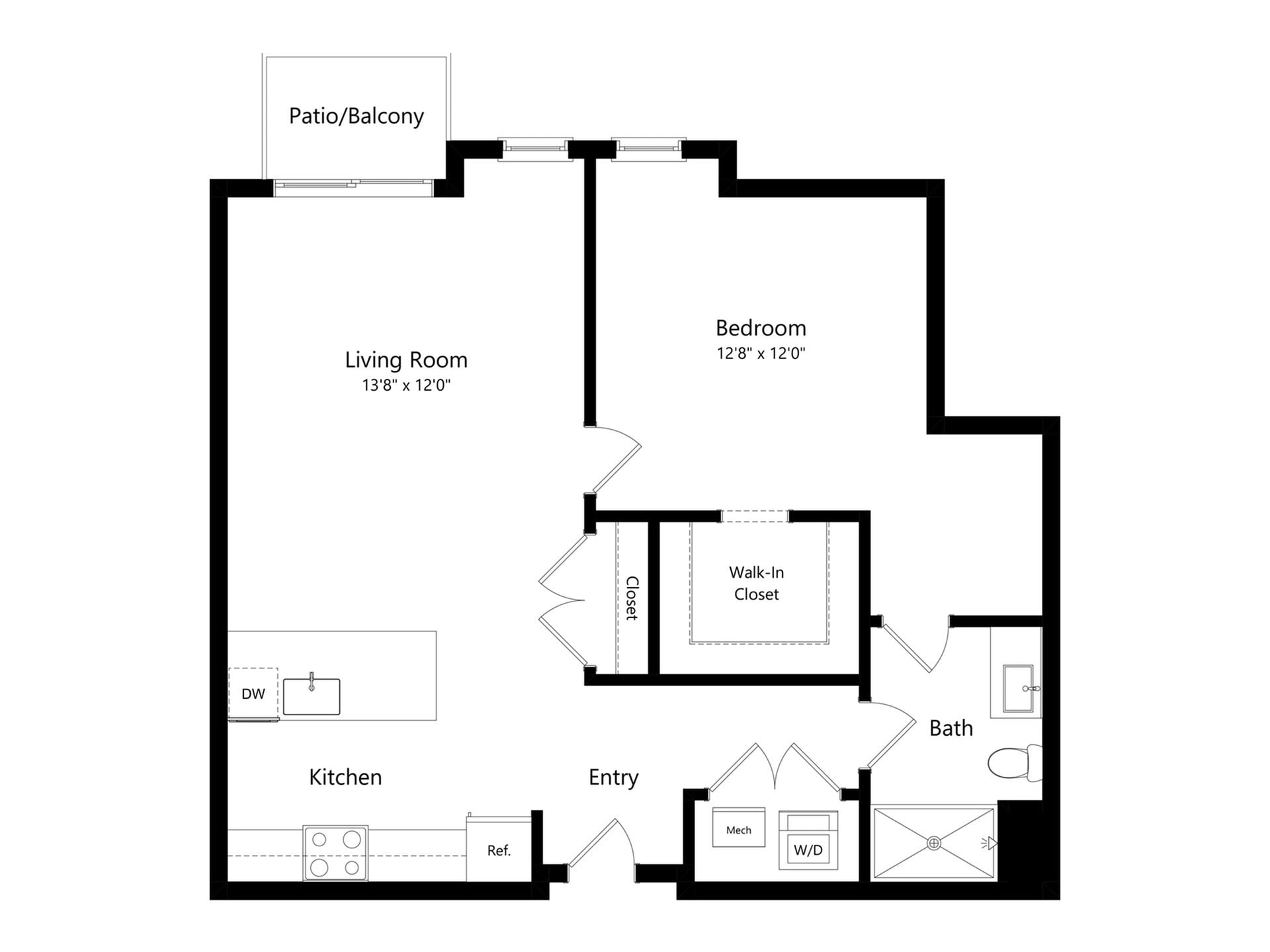 #C-415 - 1 bedroom floorplan layout with 1 bathroom and 857 square feet