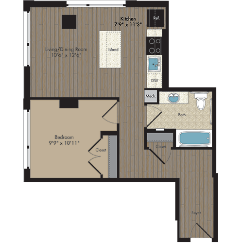 1 Bed/1 Bath 1.1c - 60% floor plan