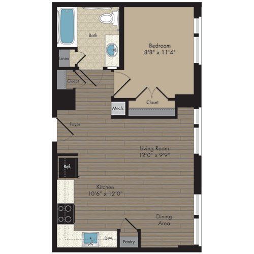 1 Bed/1 Bath 1.1q - 60% floor plan