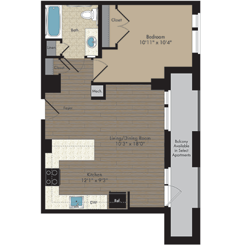 1 Bed/1 Bath 1.1j - 60% floor plan