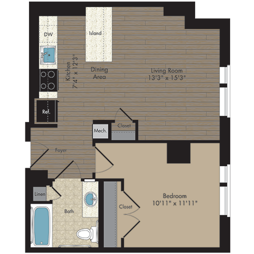 1 Bed/1 Bath 1.1i - 60% floor plan