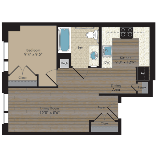 1 Bed/1 Bath 1.1h - 60% floor plan