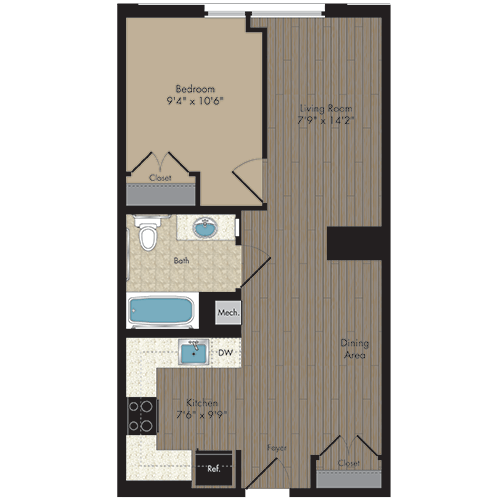 1 Bed/1 Bath 1.1e - 60% floor plan