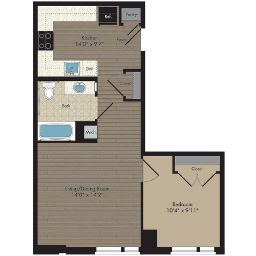 1 Bed/1 Bath 1.1l - 60% floor plan