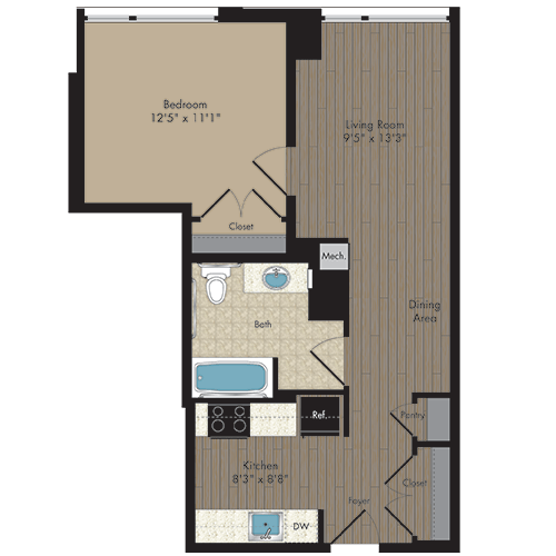 1 Bed/1 Bath 1.1d - 60% floor plan