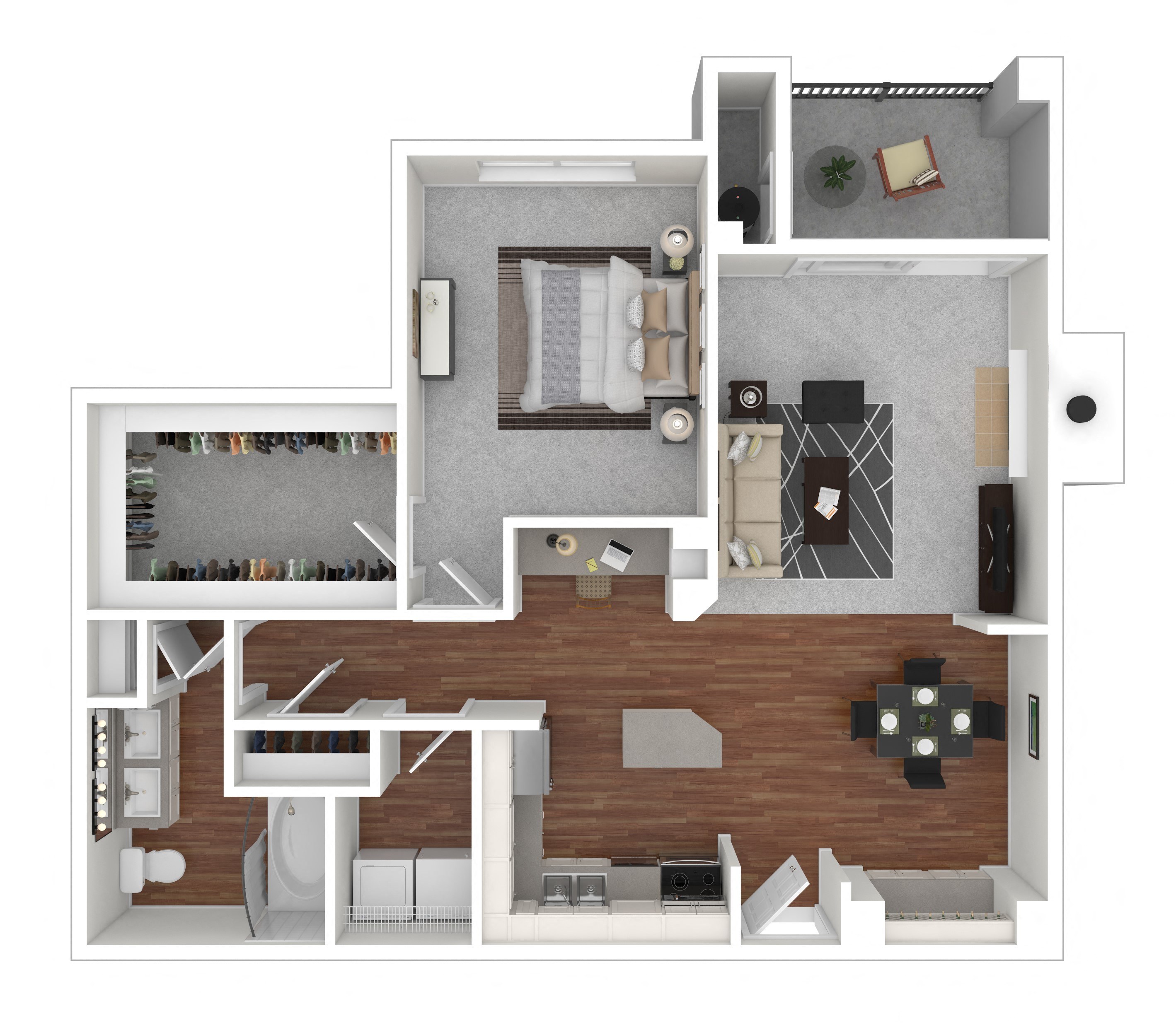 Rendering of the Pomponette floor plan with 1 bedroom[s] and 1 bathroom[s] at Windsor Meadow Hills