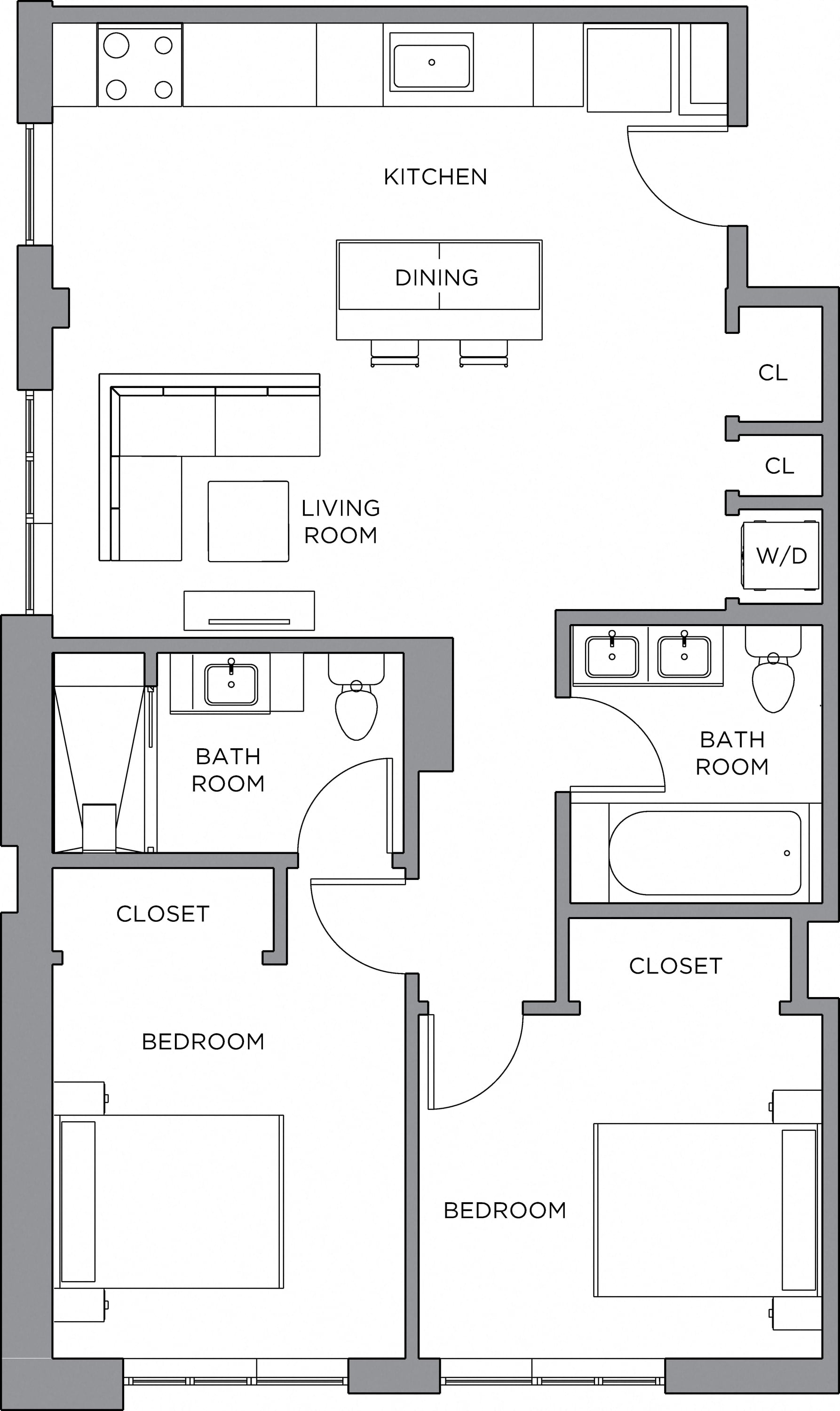 2 Bed/2 Bath-1000 floor plan