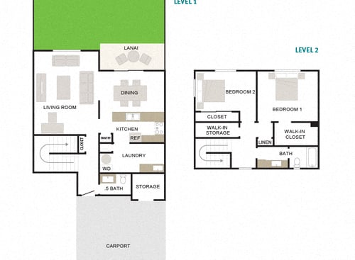 Mahana 2/1.5 1267sf Townhome floor plan