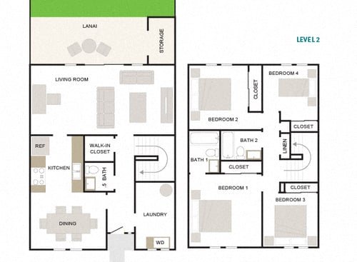 Makai 4/2.5 1535sf Townhome floor plan